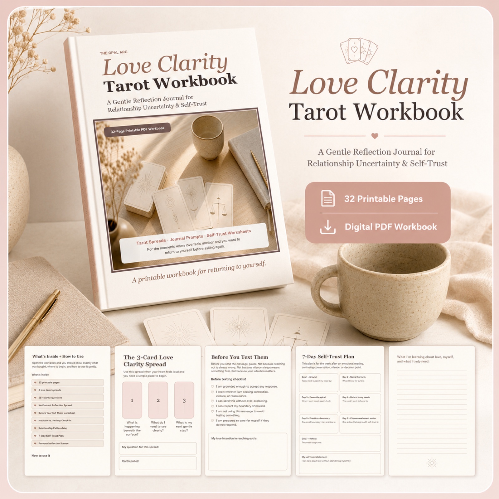 Love Clarity Tarot Workbook sales preview with printable pages and feature notes.