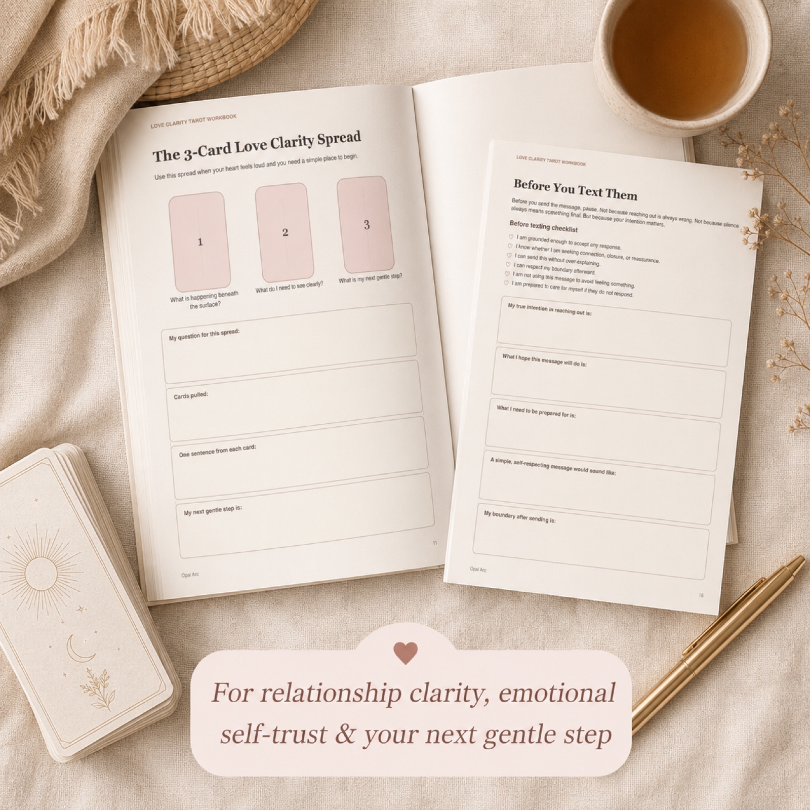 Love Clarity Tarot Workbook sample spread pages with tarot cards, tea, and a pen.