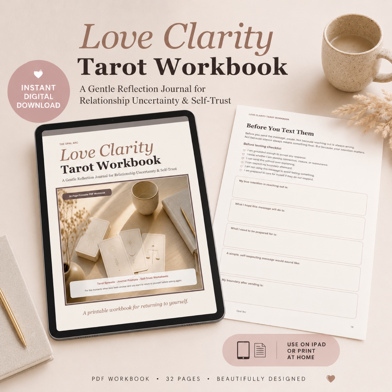 Love Clarity Tarot Workbook shown on a tablet with a printable worksheet page.