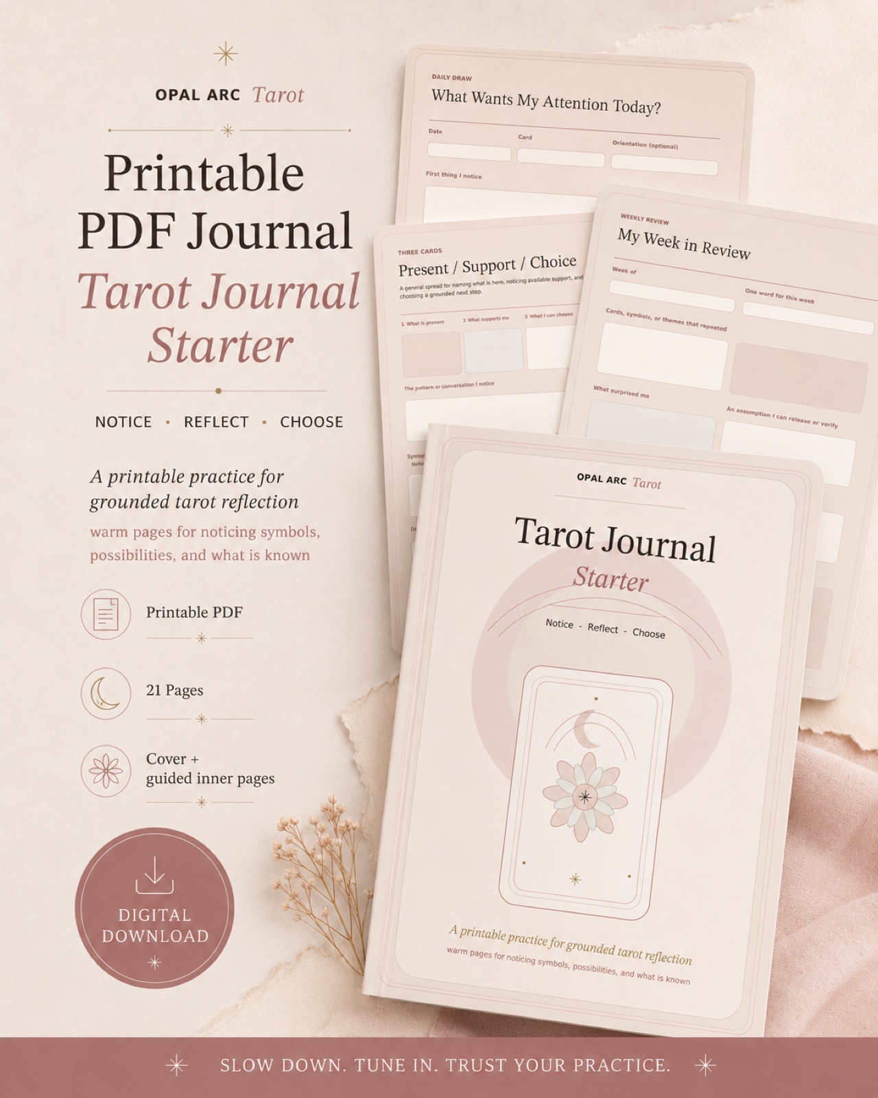 Opal Arc Tarot Journal Starter printable PDF journal with daily draw, three-card reflection, and weekly review pages.