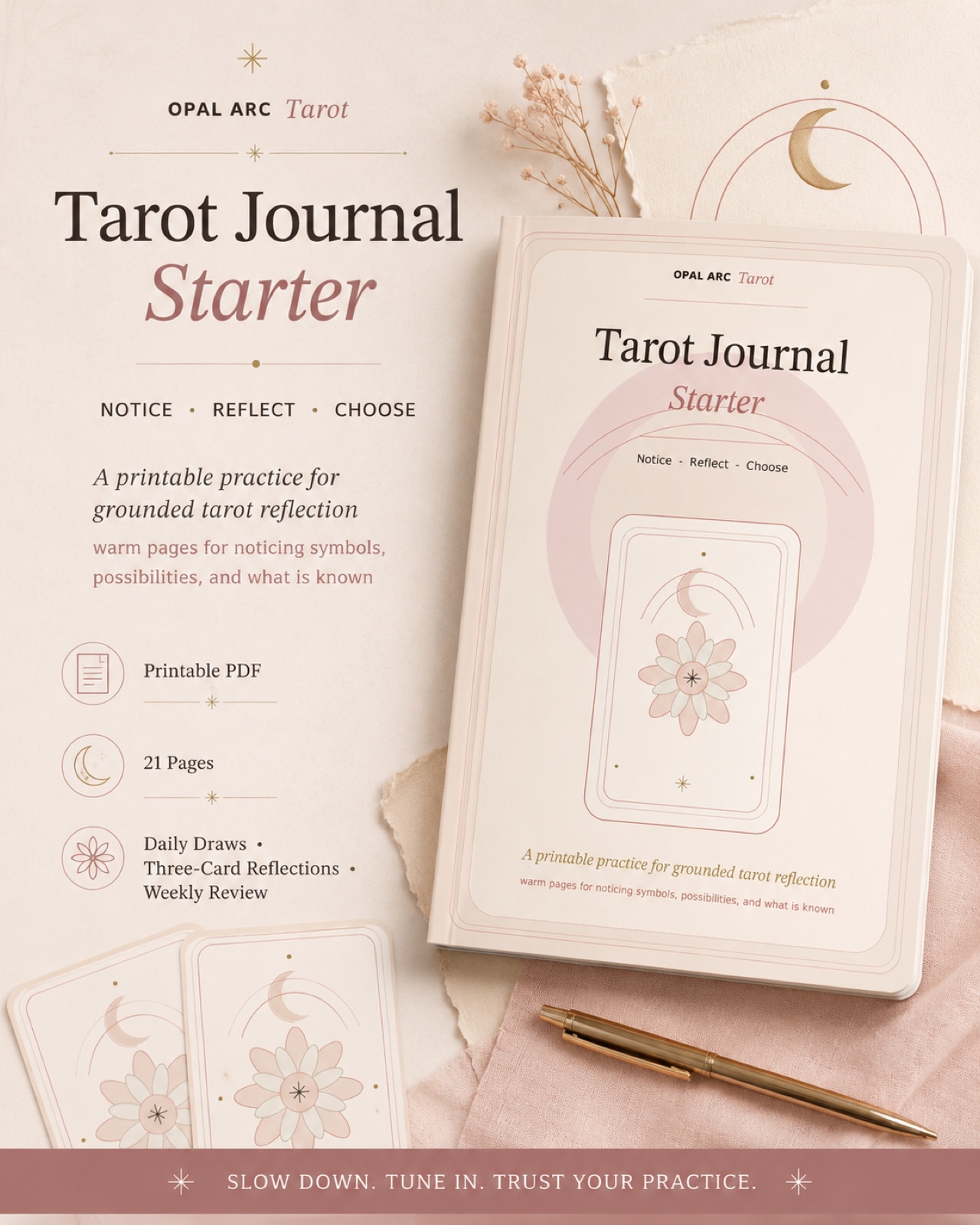 Opal Arc Tarot Journal Starter cover preview with printable PDF details.