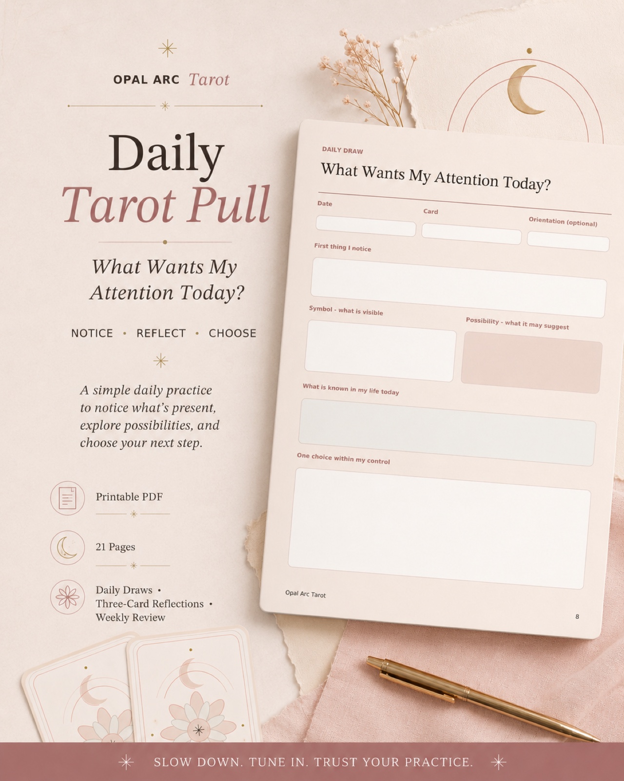 Daily Tarot Pull page preview from Opal Arc Tarot Journal Starter.
