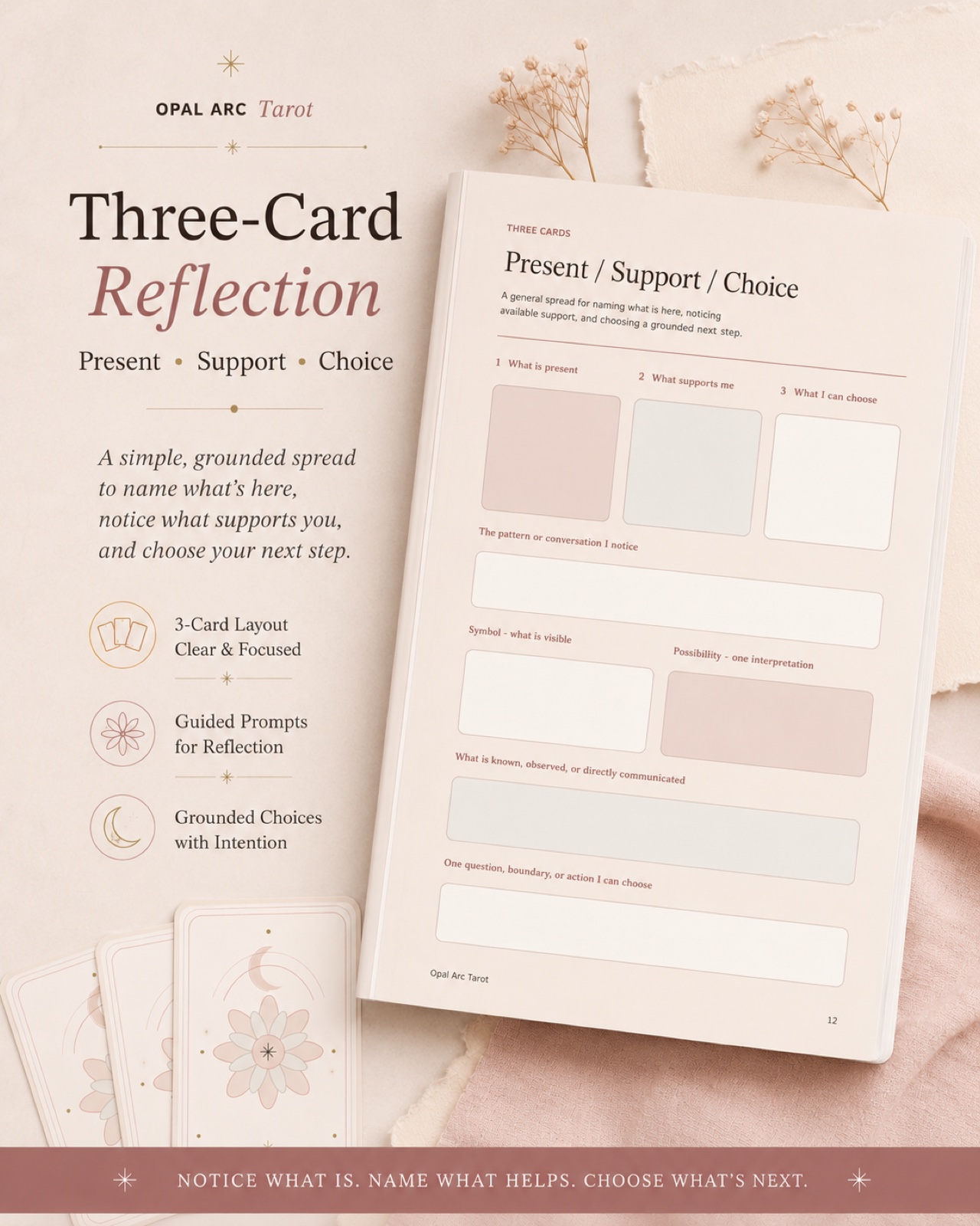 Three-card reflection page preview from Opal Arc Tarot Journal Starter.