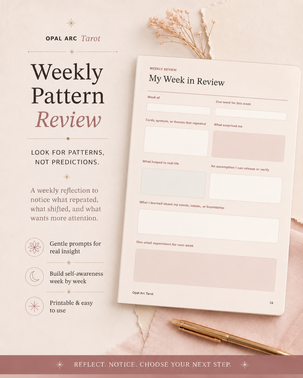 Weekly pattern review page preview from Opal Arc Tarot Journal Starter.